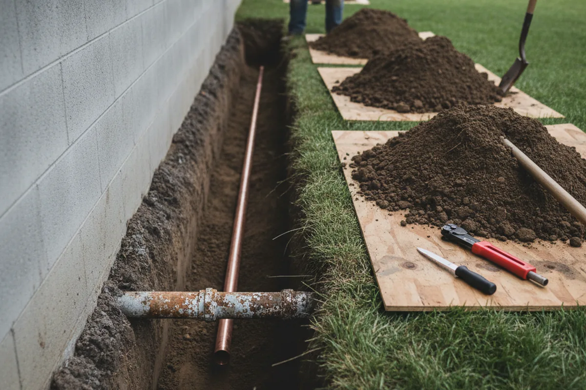 Excavated water line trench during Water Softener Installation in Bay Village